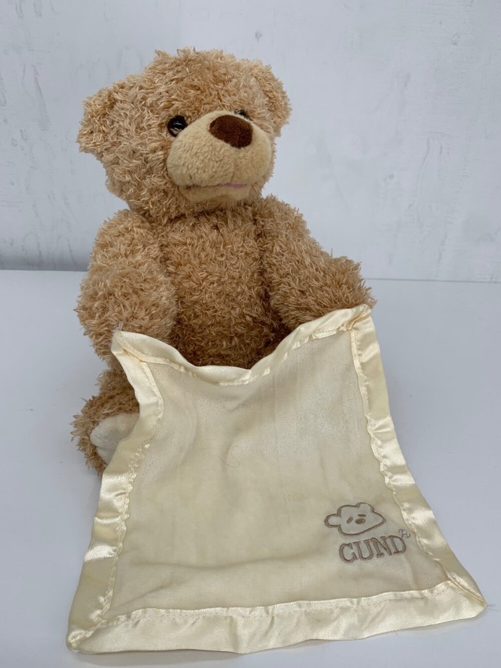 Gund Lovie Talking Bear Peek a Boo Cream Blanket satin edge Tan Bear TESTED WORK